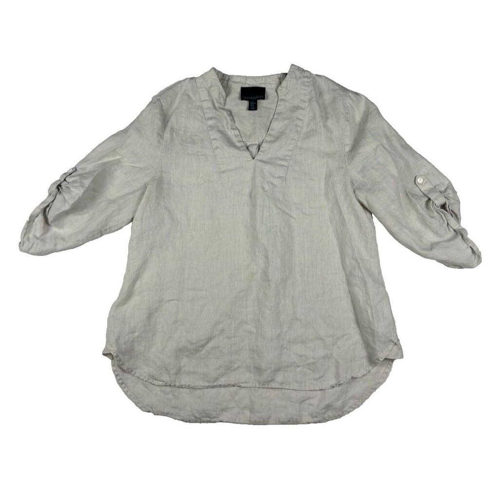 Cynthia Rowley 100% Linen Roll Tab Sleeve V Neck Tunic Blouse Oatmeal Womens XL